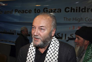 British MP George Galloway speaks to reporters in Damascus December 21, 2009, during his campaign to aid Palestinians in the Gaza Strip. Galloway slams Arabs over abandoning Gaza