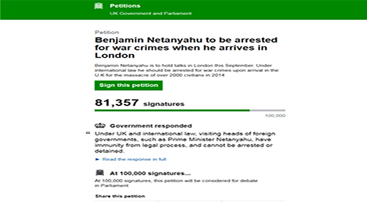 Over 80,000 Brits Sign: Arrest Bibi


