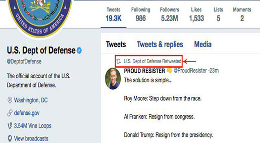 Pentagon ‘Erroneously’ Retweets Call for Trump to Resign