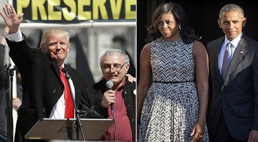 US PE Donald Trump, his co-chail Carl Paladino and US President Barack Obama and His wife Michelle Obama 