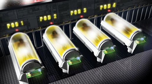 An artist's impression of how cryogenically preserved bodies might be stored in the future