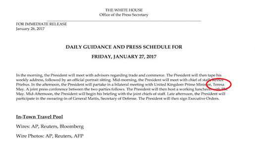 WH Misspells Theresa May's Name Thrice in Schedule for Visit with Trump WH Misspells Theresa May’s Name Thrice in Schedule for Visit with Trump