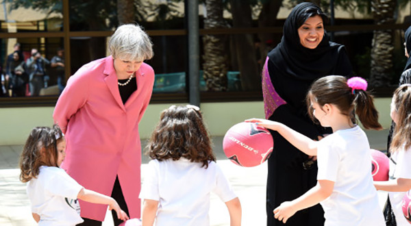 British Prime Minister Theresa May  and the Saudi head of the women’s section at the general authority for sports, Princess Reema Bint Bandar Al Saud