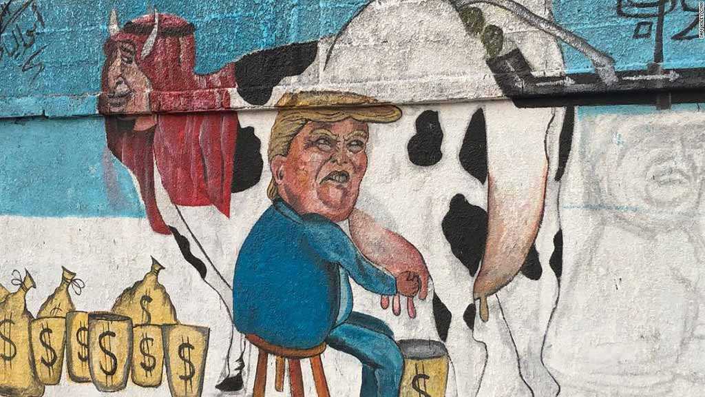 Trump Milking Saudi King Mural Shows Yemenis’ Disgust at War