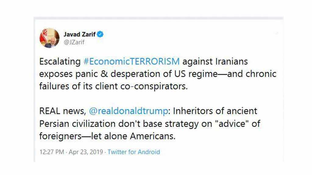 Zarif: Escalation of Anti-Iran Economic Terrorism Shows US Panic, Desperation