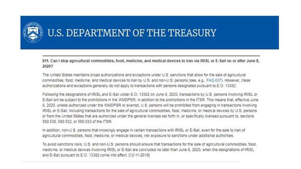 US Treasury: New Sanctions to Ban Humanitarian Trade with Iran