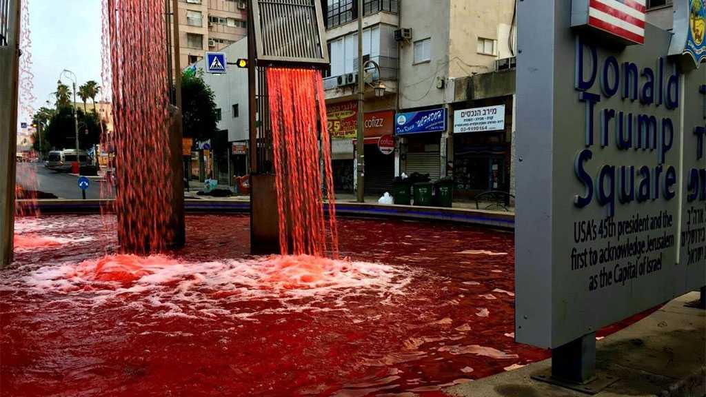Fountain at Donald Trump Square Turned Blood-red in Protest against Annexation