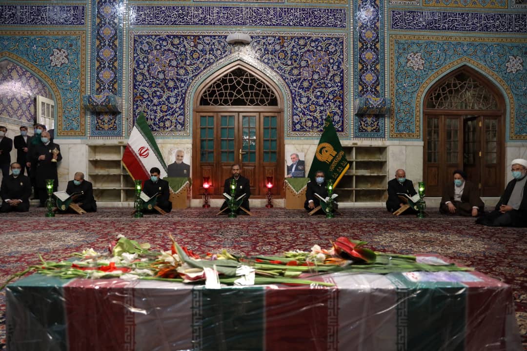 Martyr Fakhrizadeh at Shrine of Imam Reza [AS] Before He Is Laid to Rest