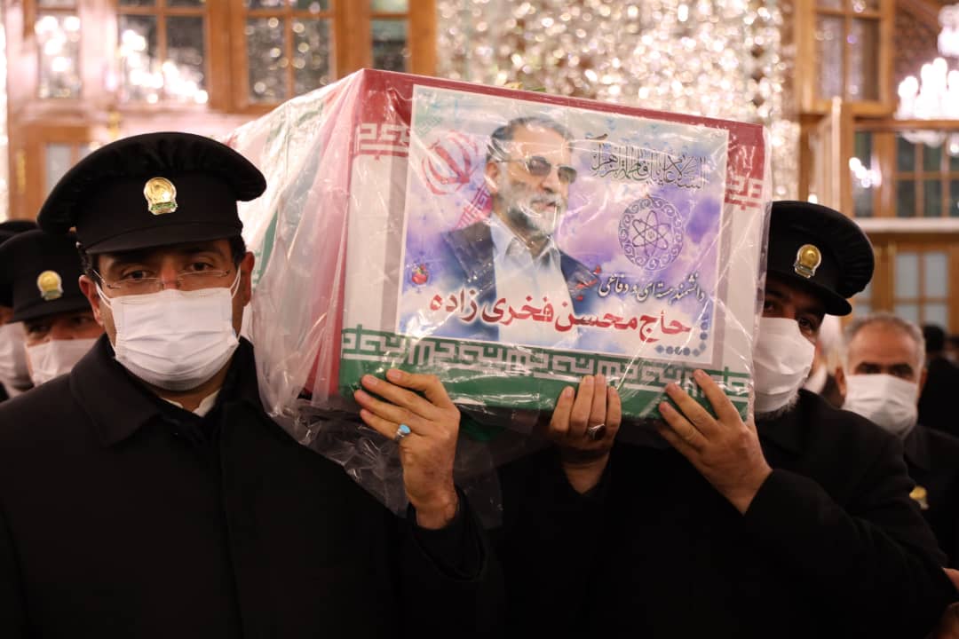 Martyr Fakhrizadeh at Shrine of Imam Reza [AS] Before He Is Laid to Rest