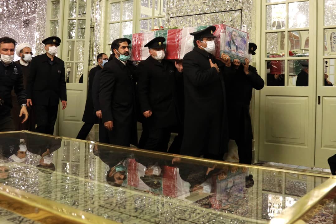 Martyr Fakhrizadeh at Shrine of Imam Reza [AS] Before He Is Laid to Rest